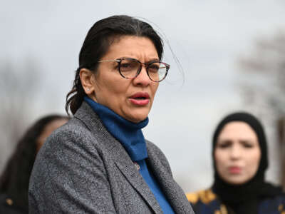 Rep. Rashida Tlaib addresses the media and calls on President Biden to reunite harmed families on the sixth anniversary of the Muslim and African Bans during a press conference at the U.S. Capitol on January 26, 2023, in Washington, D.C.