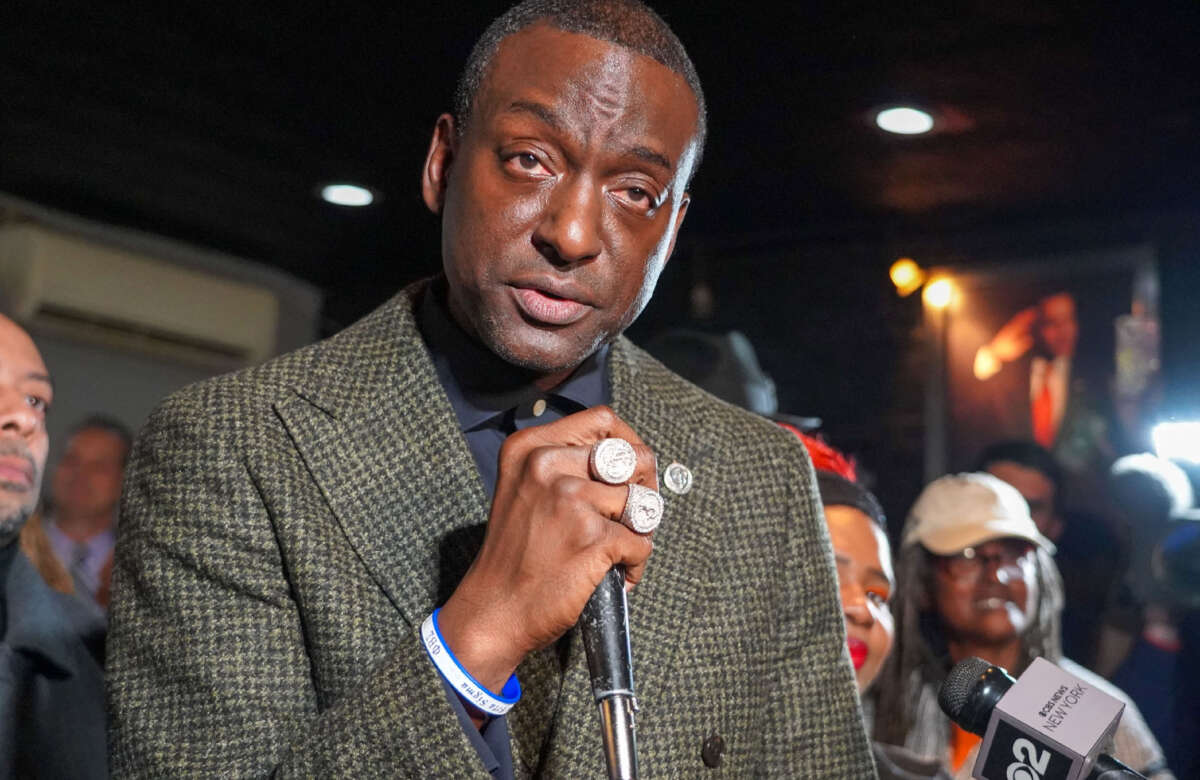 Yusef Salaam, exonerated 'Central Park Five' member, speaks to supporters and the media after winning a New York City Council seat during a watch party at 'Just Lorraine's Place 2' bar in Harlem, New York, on November 7, 2023.