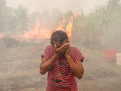 A woman reacts as a wildfire burns at Palem Raya Regency in Ogan Ilir, South Sumatera, Indonesia, on September 18, 2023. Indonesian authorities struggled to put out forest and land fires as the country entered the hottest day of this year's El Nino-induced dry season.
