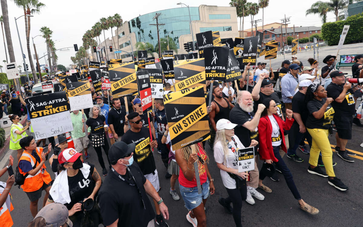 Strikers attend the SAG-AFTRA Los Angeles Solidarity March and Rally on September 13, 2023, in Los Angeles, California.