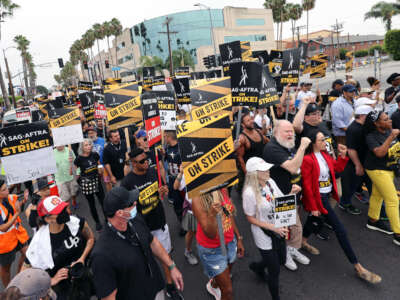 Strikers attend the SAG-AFTRA Los Angeles Solidarity March and Rally on September 13, 2023, in Los Angeles, California.