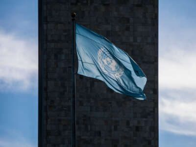 The flag of the United Nations is pictured in front of the UN building on September 26, 2018, in New York City.