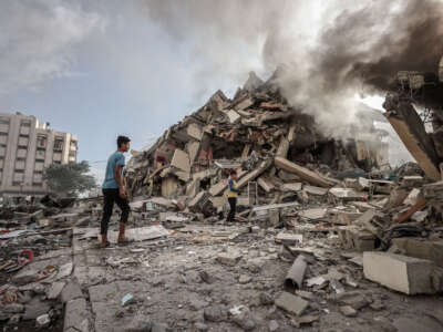 A view of debris of destroyed buildings after Israeli airstrikes at al-Zahra neighborhood in Gaza Strip on October 19, 2023.