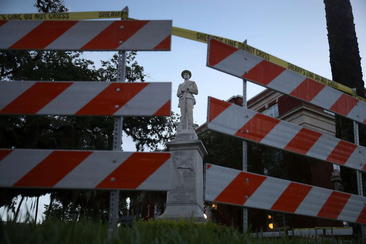 Barricades surround the Confederate monument in front of the Hernando County Courthouse to keep possible protesters away from the statue, on August 19, 2017, in Brooksville, Florida.