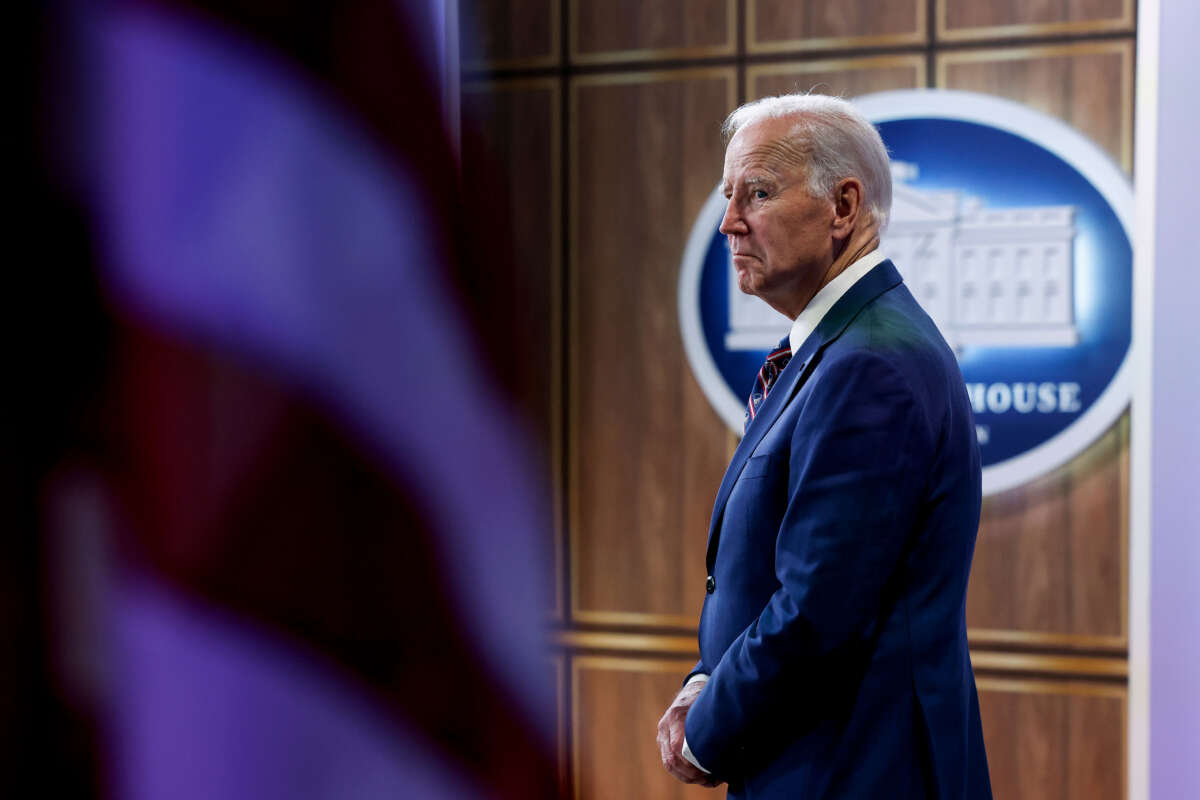 President Joe Biden listens during an event at the South Court Auditorium in the Eisenhower Executive Office Building at the White House on October 23, 2023, in Washington, D.C.