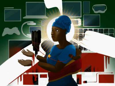 An illustration of a woman wearing the colors and pattern of the Congolese flag with a baby tied to her back. The woman's hands are severed, and floating between them and the arms that they were once attached to is a hunk of coltan, to which the baby's hand is also tied with a red string. Behind this scene are a backdrop of electronic devices that use the rare earth minerals presently being mined in the Congo, and behind the woman's head is both the three-bladed head of a wind turbine as well as a sunburst of light.