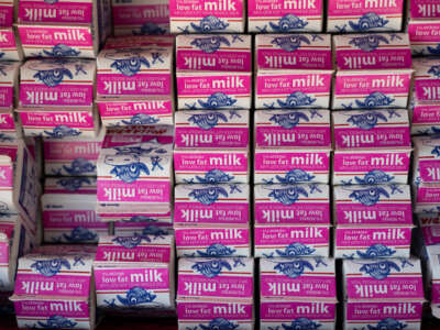 Milk is displayed in the outdoor cafeteria at Bathgate Elementary School in Mission Viejo, California, on October 2, 2019.