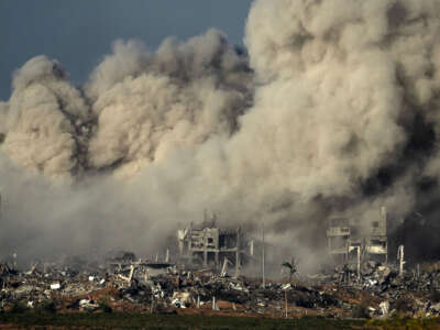 Smoke rises during an Israeli military bombardment of the northern Gaza Strip on November 15, 2023.