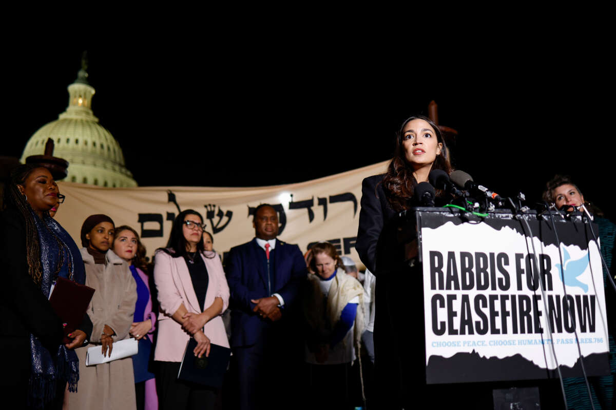 Rep. Alexandria Ocasio-Cortez speaks at a news conference calling for a ceasefire in Gaza outside the U.S. Capitol building on November 13, 2023, in Washington, D.C.