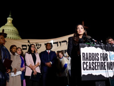 Rep. Alexandria Ocasio-Cortez speaks at a news conference calling for a ceasefire in Gaza outside the U.S. Capitol building on November 13, 2023, in Washington, D.C.