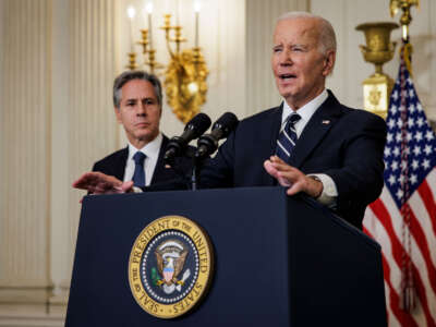 President Joe Biden speaks on the terrorist attacks in Israel alongside Secretary of State Antony Blinken from the State Dining Room at the White House on October 7, 2023, in Washington, D.C.