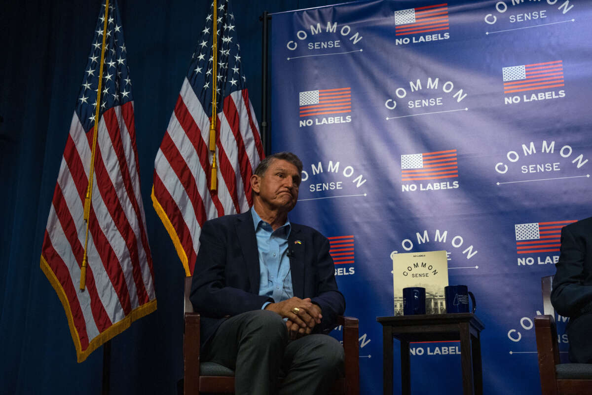 Sen. Joe Manchin co-headlines the 'Common Sense' Town Hall, an event sponsored by the bipartisan group No Labels, held on July 17, 2023, at St. Anselm College in Manchester, New Hampshire.