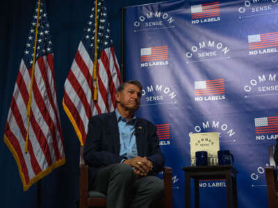 Sen. Joe Manchin co-headlines the 'Common Sense' Town Hall, an event sponsored by the bipartisan group No Labels, held on July 17, 2023, at St. Anselm College in Manchester, New Hampshire.