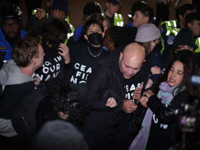 Members of U.S. Capitol Police push protesters away from the headquarters of the Democratic National Committee during a demonstration calling for a ceasefire in Gaza, on November 15, 2023, on Capitol Hill in Washington, D.C.