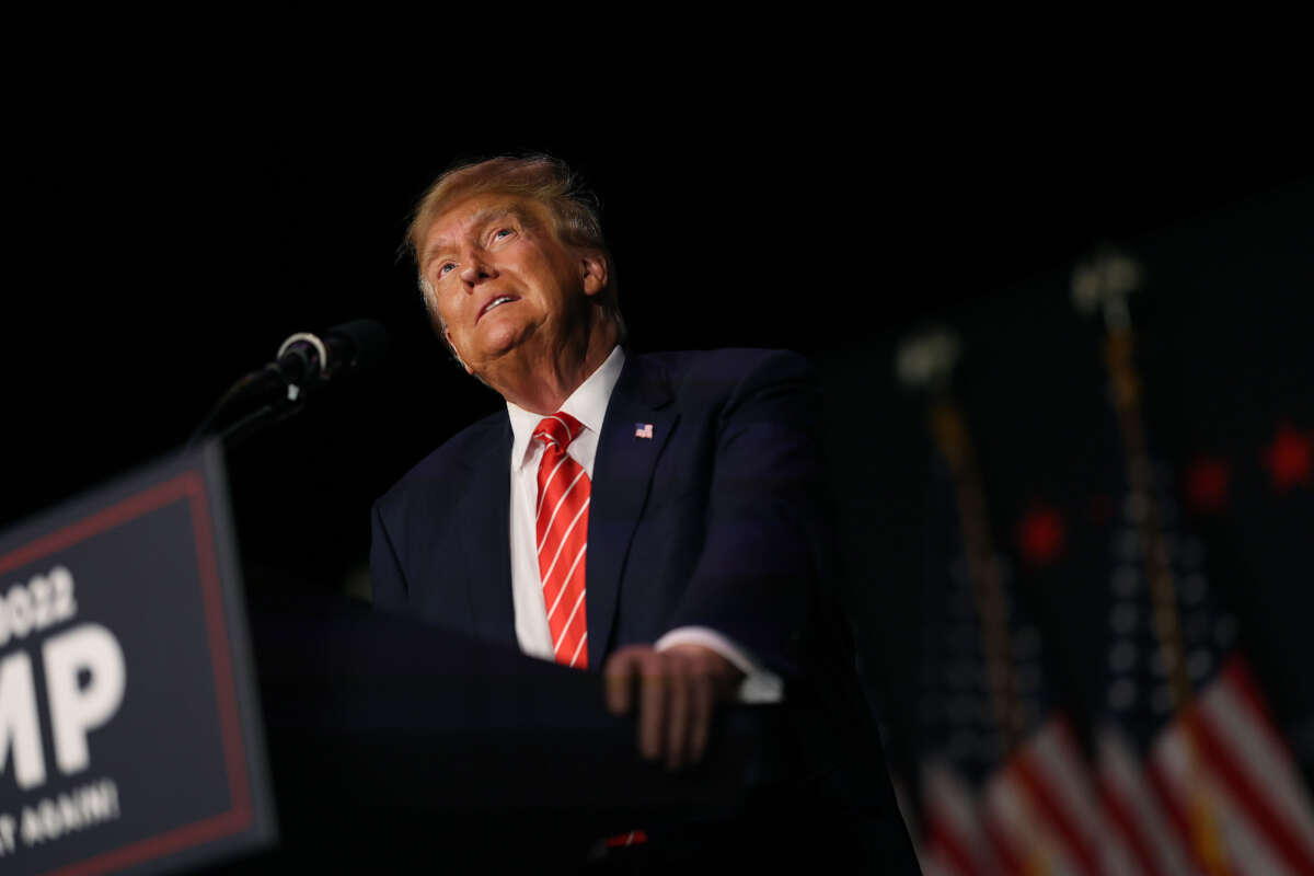 Former President Donald Trump speaks to guests during a campaign event at the Orpheum Theater on October 29, 2023, in Sioux City, Iowa.