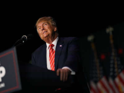 Former President Donald Trump speaks to guests during a campaign event at the Orpheum Theater on October 29, 2023, in Sioux City, Iowa.