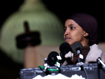 Rep. Ilhan Omar speaks during a news conference calling for a ceasefire in Gaza outside the U.S. Capitol building on November 13, 2023, in Washington, D.C.