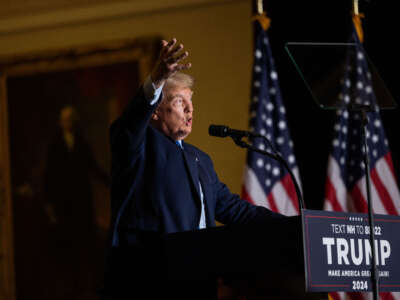 Former President Donald Trump delivers remarks during a campaign event on November 11, 2023, in Claremont, New Hampshire.
