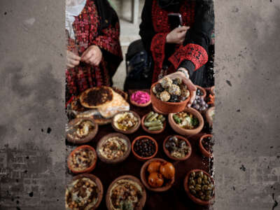 A photo of traditional Palestinian foods are presented, overlaid over distressed image of smoke and devesatation in Gaza from Israeli airstrikes