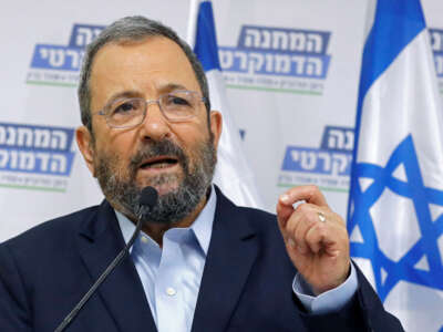 Former Israeli Prime Minister Ehud Barak attends the launch of the Democratic Union list on July 25, 2019, in the Israeli coastal city of Tel Aviv.