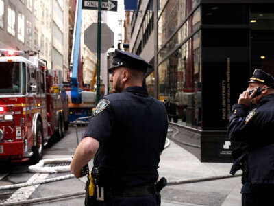 NYPD officers are pictured in Lower Manhattan on April 19, 2023, in New York City.