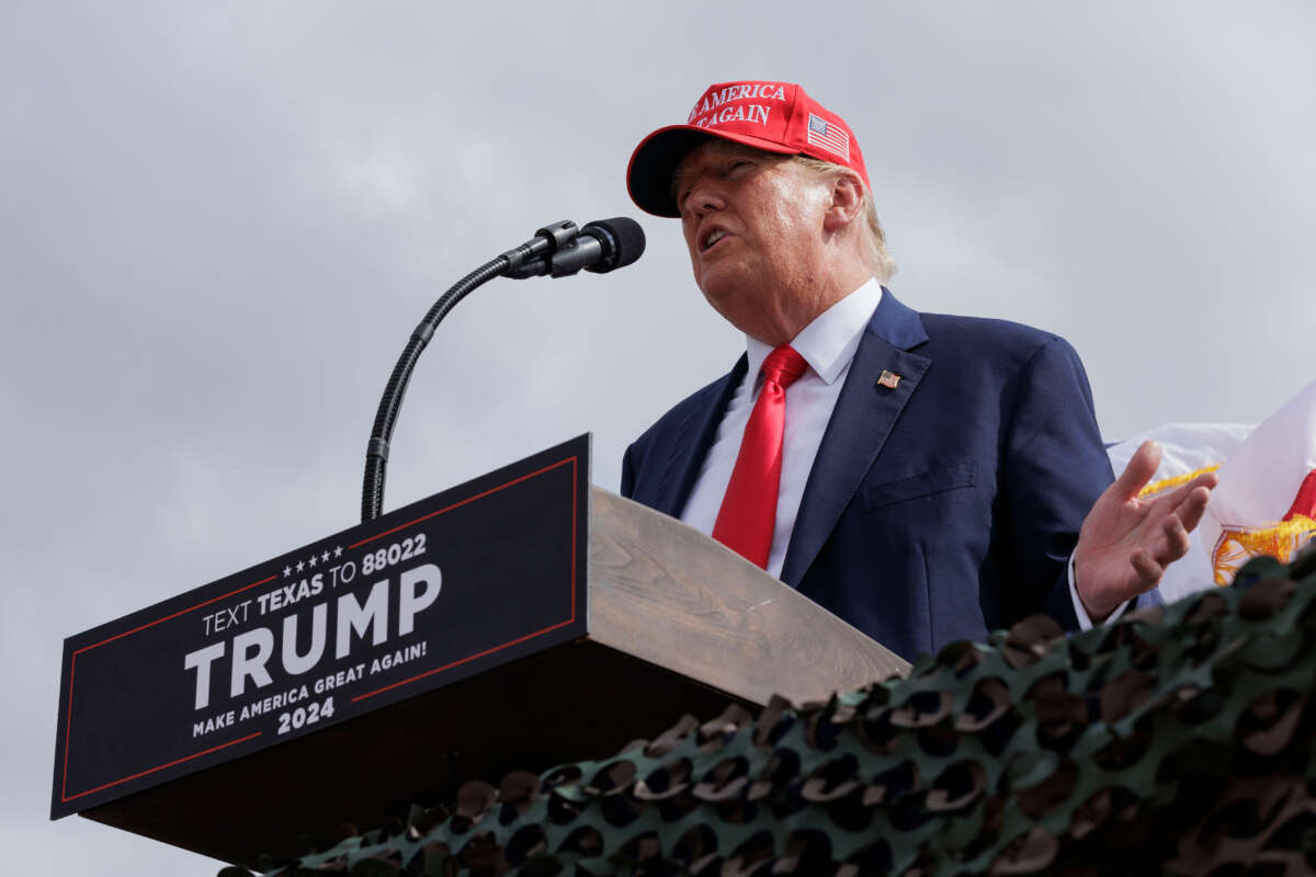 Former President Donald Trump gives remarks at the South Texas International airport on November 19, 2023, in Edinburg, Texas.