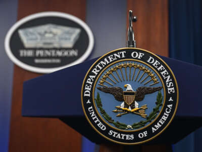 The Department of Defense seal is prominently displayed on a podium at the Pentagon in Washington, D.C., on October 17, 2023.