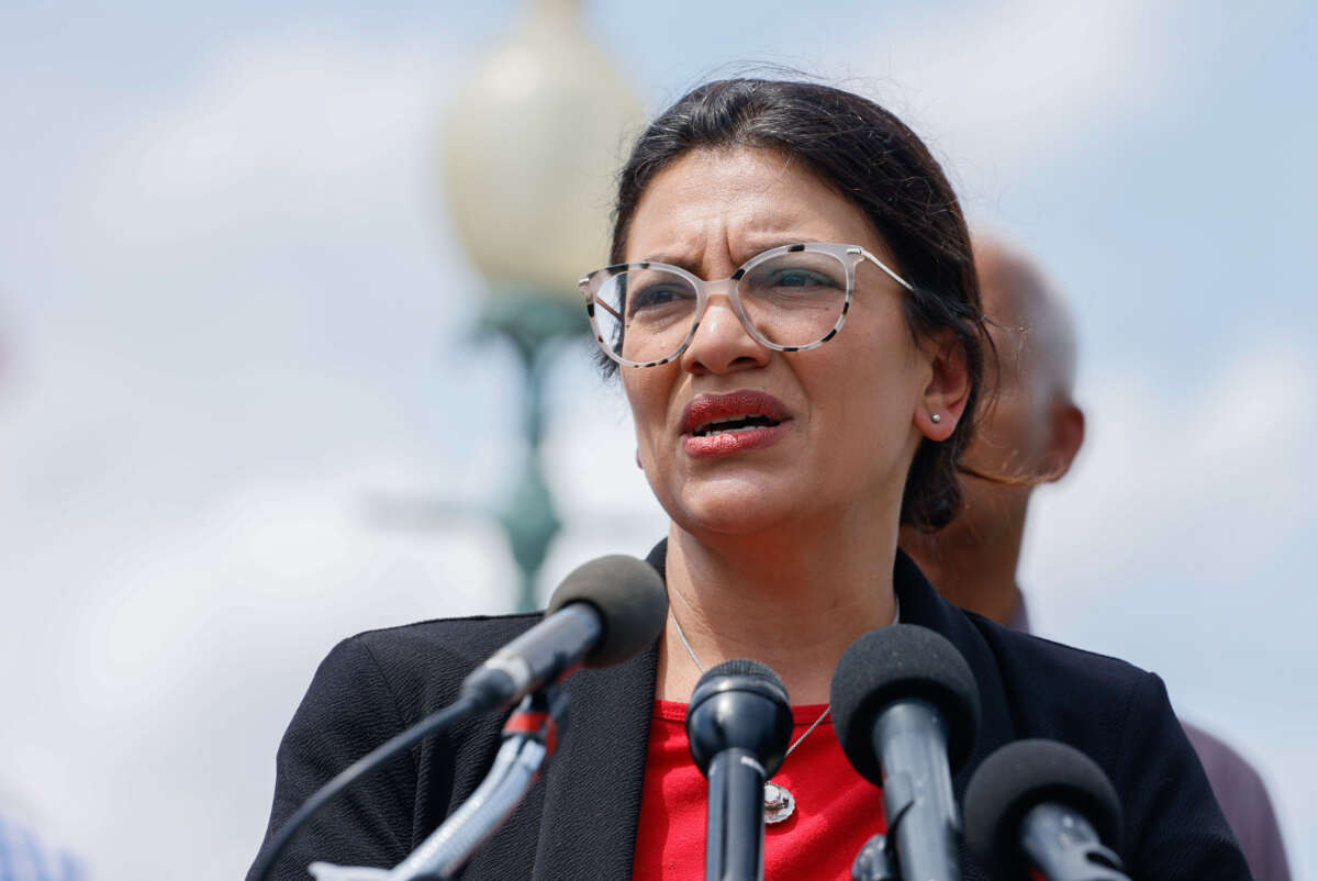 Rep. Rashida Tlaib speaks at a press conference outside the U.S. Capitol on July 18, 2022, in Washington, D.C.