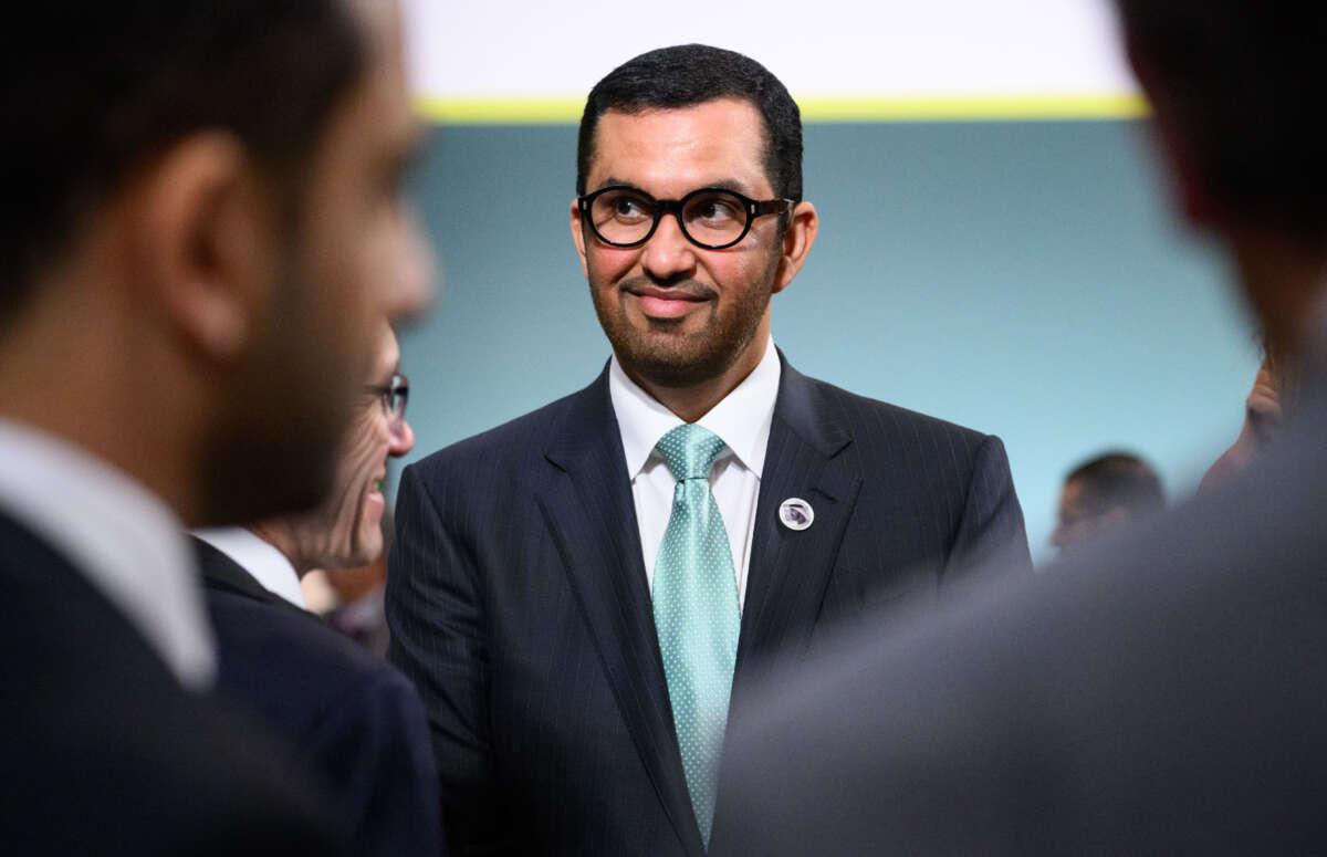 Sultan Ahmed al-Jaber, Minister of State of the United Arab Emirates (UAE), CEO of state-owned Abu Dhabi National Oil Co. and COP28 President-designate, stands at the 14th Petersberg Climate Dialogue at the Federal Foreign Office in Berlin, Germany, on May 2, 2023.