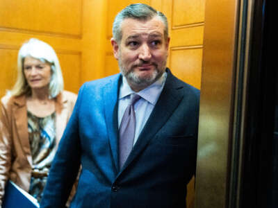 Sen. Ted Cruz talks with reporters after attending the Republican senate luncheon in the U.S. Capitol on November 1, 2023.