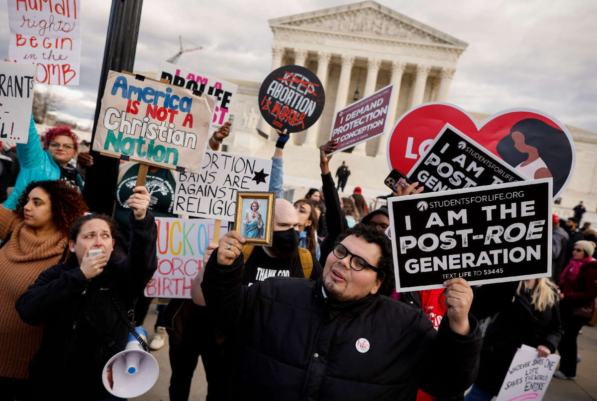 Abortion rights supporters stage a counterprotest during the 50th annual "March for Life" rally on the National Mall on January 20, 2023, in Washington, D.C.