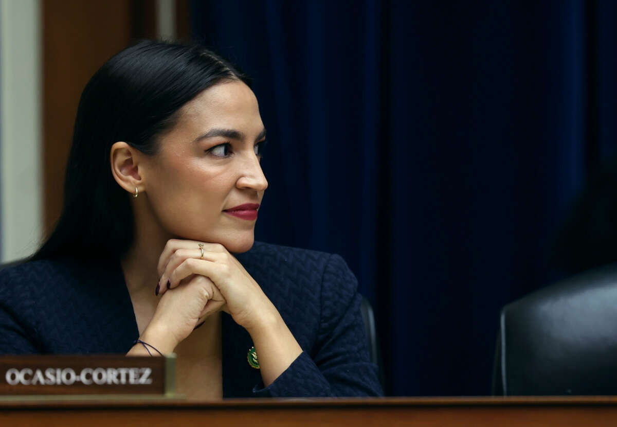 Rep. Alexandria Ocasio-Cortez participates in a meeting of the House Oversight and Reform Committee in the Rayburn House Office Building on January 31, 2023, in Washington, D.C.