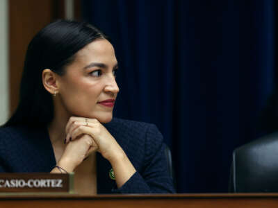 Rep. Alexandria Ocasio-Cortez participates in a meeting of the House Oversight and Reform Committee in the Rayburn House Office Building on January 31, 2023, in Washington, D.C.