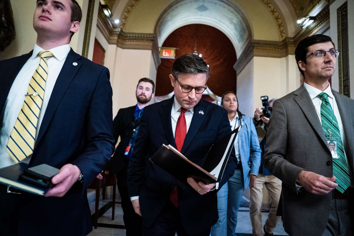 Speaker of the House Mike Johnson walks to a vote on Capitol Hill on November 14, 2023, in Washington, D.C.