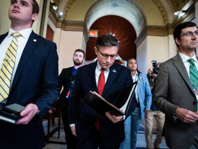 Speaker of the House Mike Johnson walks to a vote on Capitol Hill on November 14, 2023, in Washington, D.C.