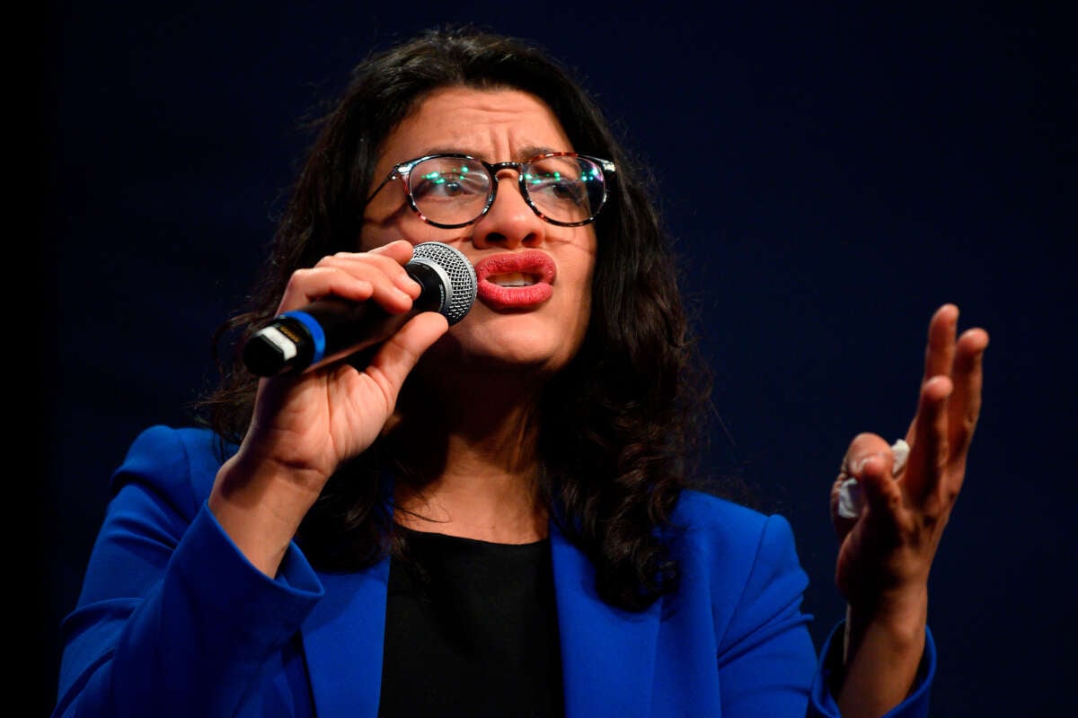 Rep. Rashida Tlaib speaks to supporters of Democratic presidential candidate Senator Bernie Sanders at a campaign event in Clive, Iowa, on January 31, 2020.