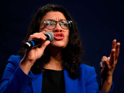 Rep. Rashida Tlaib speaks to supporters of Democratic presidential candidate Senator Bernie Sanders at a campaign event in Clive, Iowa, on January 31, 2020.