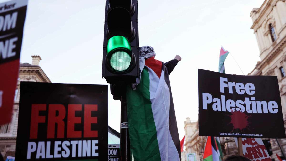 A person draped in the Palestinian flag stands on a light post and raises a fist while others around them display signs reading "FREE PALESTINE" during an outdoor protest