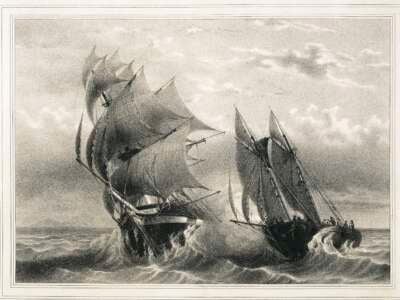 Lithograph of a pirate ship attacking a vessel by A St Aulaire, 19th century