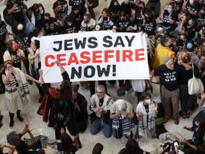 Protesters wearing shirts that say "Not in our name" hold up a sign that says "Jews say ceasefire now" in a congressional office building