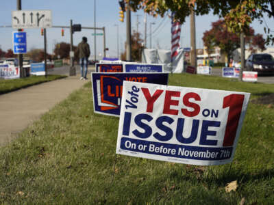 A close-up view of signage in support of Issue 1 is seen on November 3, 2023, in Columbus, Ohio.