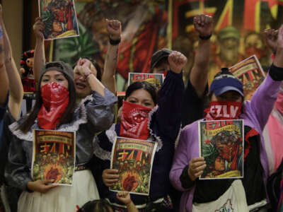 Displaced women from the Otomi indigenous community of Queretaro commemorate the 30th anniversary of the uprising and the 40th anniversary of the founding of the Zapatista Army of National Liberation (EZLN) in Mexico at the House of Indigenous Peoples and Communities, on November 18, 2023, in Mexico City, Mexico.