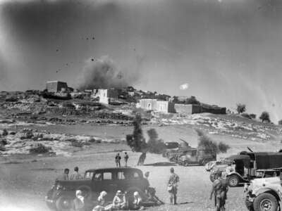 The village of Miar, near Haifa, being blown up by British forces as a punishment and warning to the Palestinian resistance during a period of unrest in the British mandate of Palestine, November 14, 1938.
