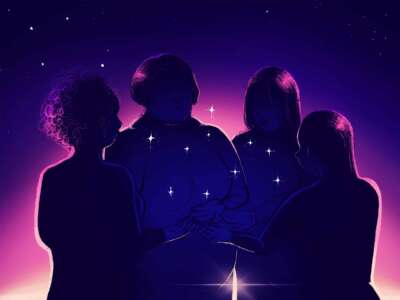 A digital illustration of four women, somewhat huddled and silhouetted against a sunrise, fostering ten small stars hovering above their hands. The Southern Cross constellation can be seen in the sky behind them.