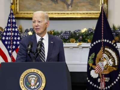 President Joe Biden delivers a statement urging Congress to pass his national security supplemental from the Roosevelt Room at the White House on December 06, 2023 in Washington, D.C.