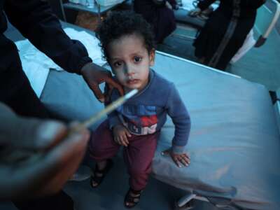 Children suffer from the spread of epidemics and diseases due to an acute shortage of medical medications inside the Kuwaiti Hospital in Rafah, December 10, 2023.