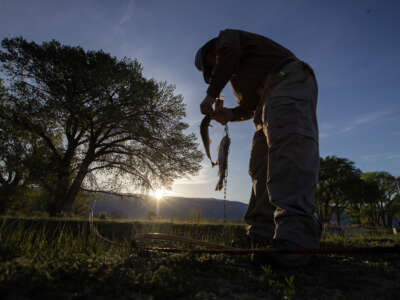 Bill Waters hooks up his second trout of the morning as the sun rises above the White Mountains on the official opening day of trout season on April 29, 2023 in Bishop, California.