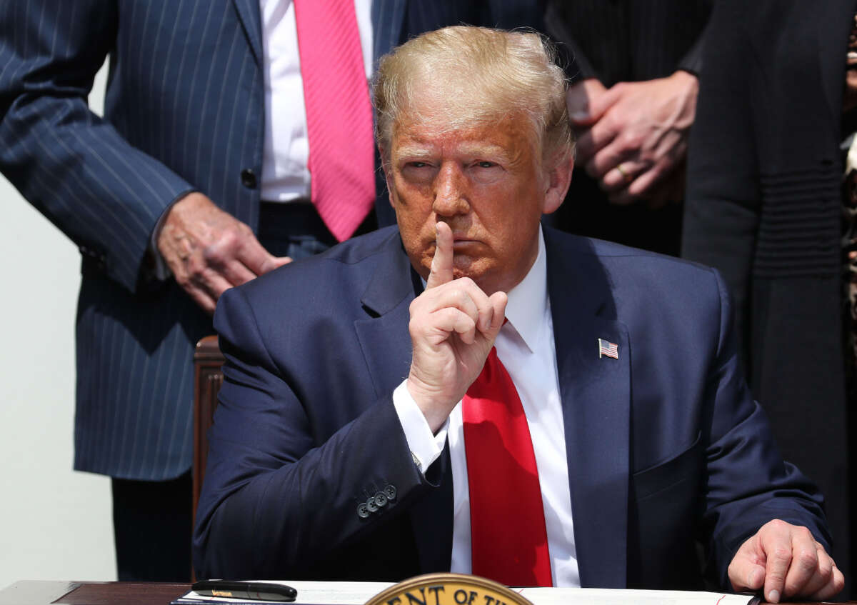 President Donald Trump shushes journalists before signing a bill in the Rose Garden at the White House on June 5, 2020, in Washington, D.C.