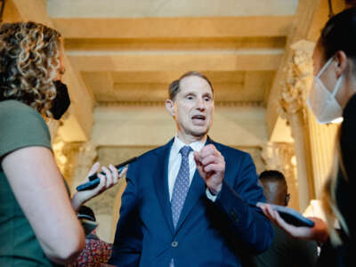 Senate Ron Wyden speaks with reporters after the passage of the Inflation Reduction Act on Capitol Hill in Washington, D.C., on August 7, 2022.