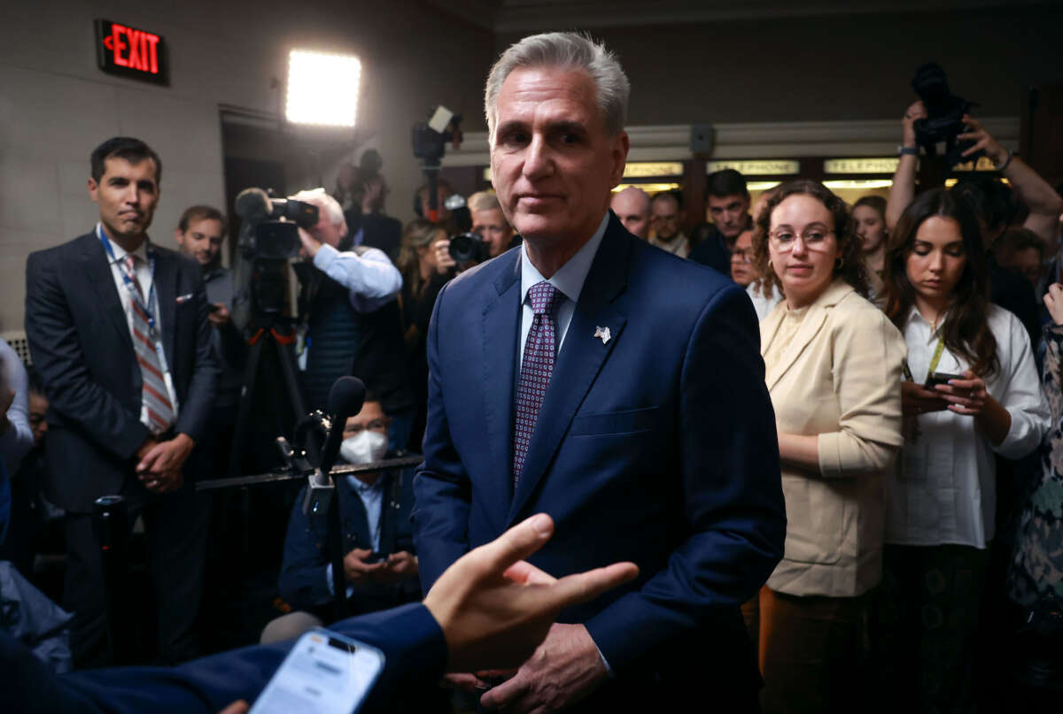 Former Speaker of the House Kevin McCarthy talks to members of the media in the Longworth House Office Building on October 10, 2023, in Washington, D.C.